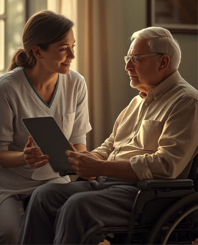 Illustration of a caregiver and patient sitting on opposite sides of a tablet, with a dotted line showing the patient's gaze pointing at the top-left letter group