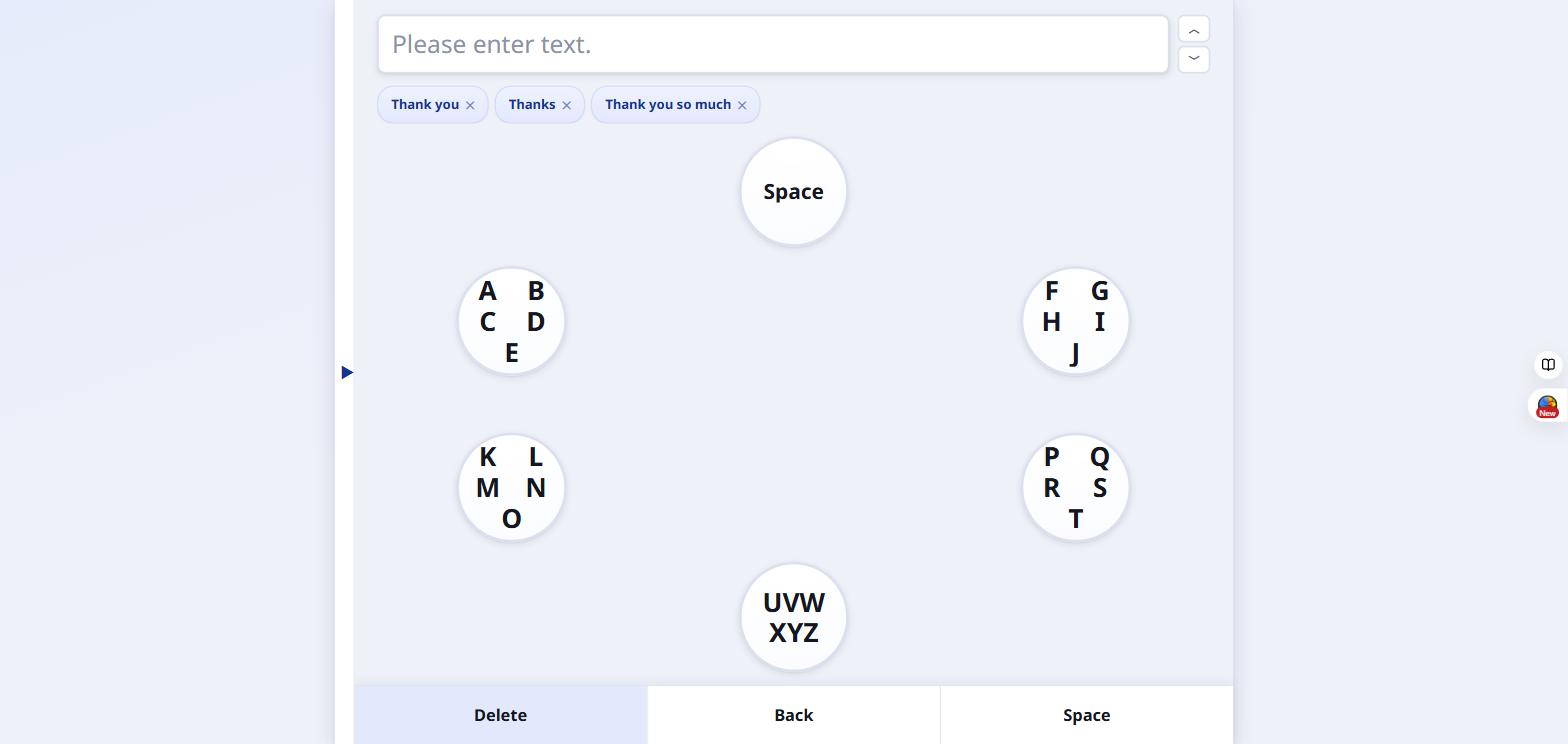Full manual-mode board with six letter groups arranged around the screen