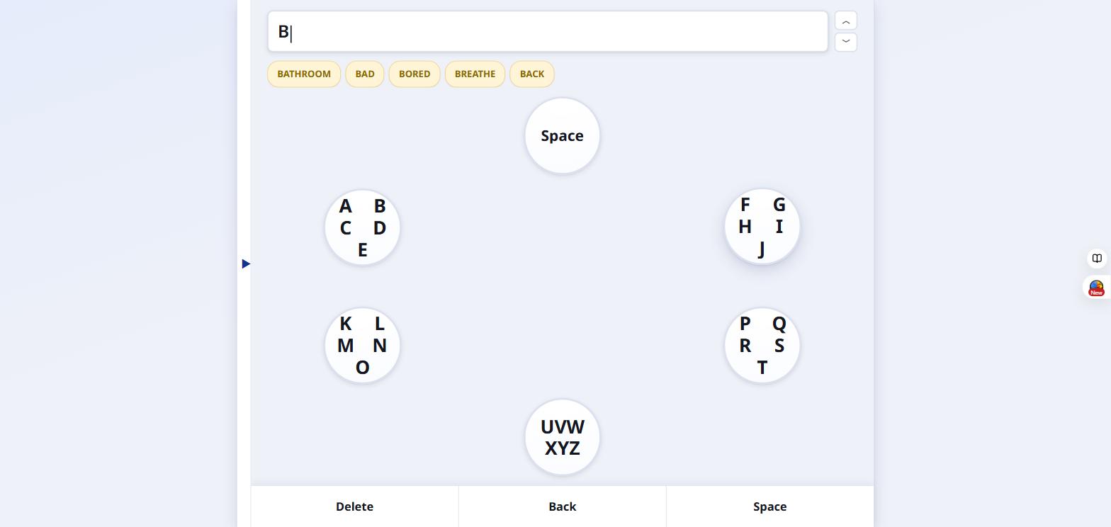 Letter B entered in the text field with word-prediction chips shown
